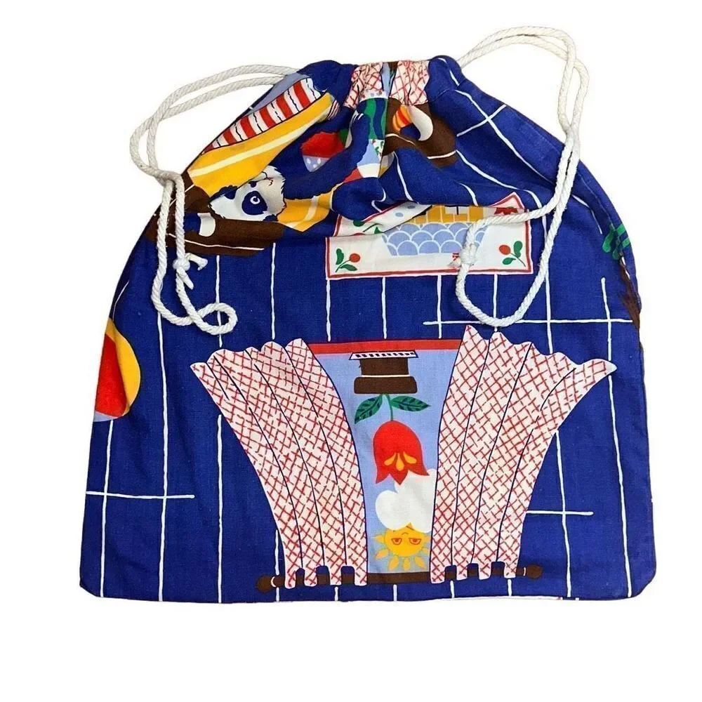 Vintage handmade drawstring bag for gym, laundry, purse, tote 70’s fabric panda
